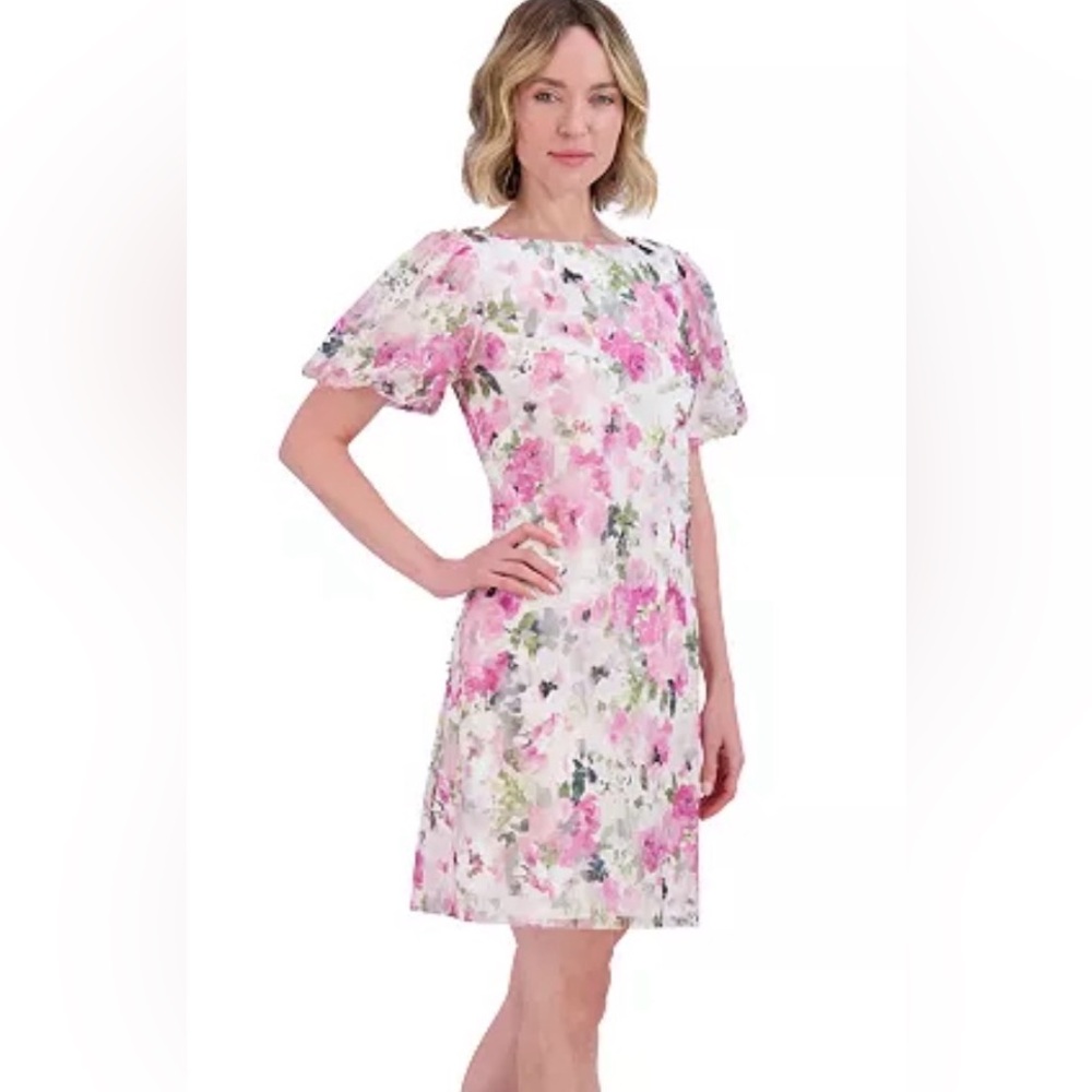 NWT Jessica Howard Floral Dress Pink Sheer Overlay Short Sleeve Elegant Size 16